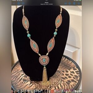 Gold Tone Long Boho Enamel Tassel Necklace Coral Turquoise